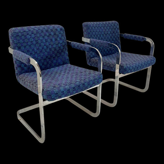 Mid 20th Century Milo Baughman Chrome and Blue Chairs - a Pair