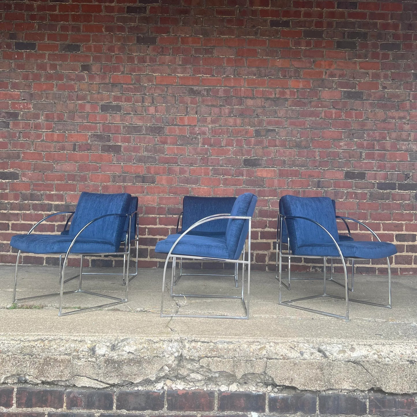 Milo Baughman Thayer Coggin Chrome Dining Chairs Recovered in a Blue Sparkly Fabric.