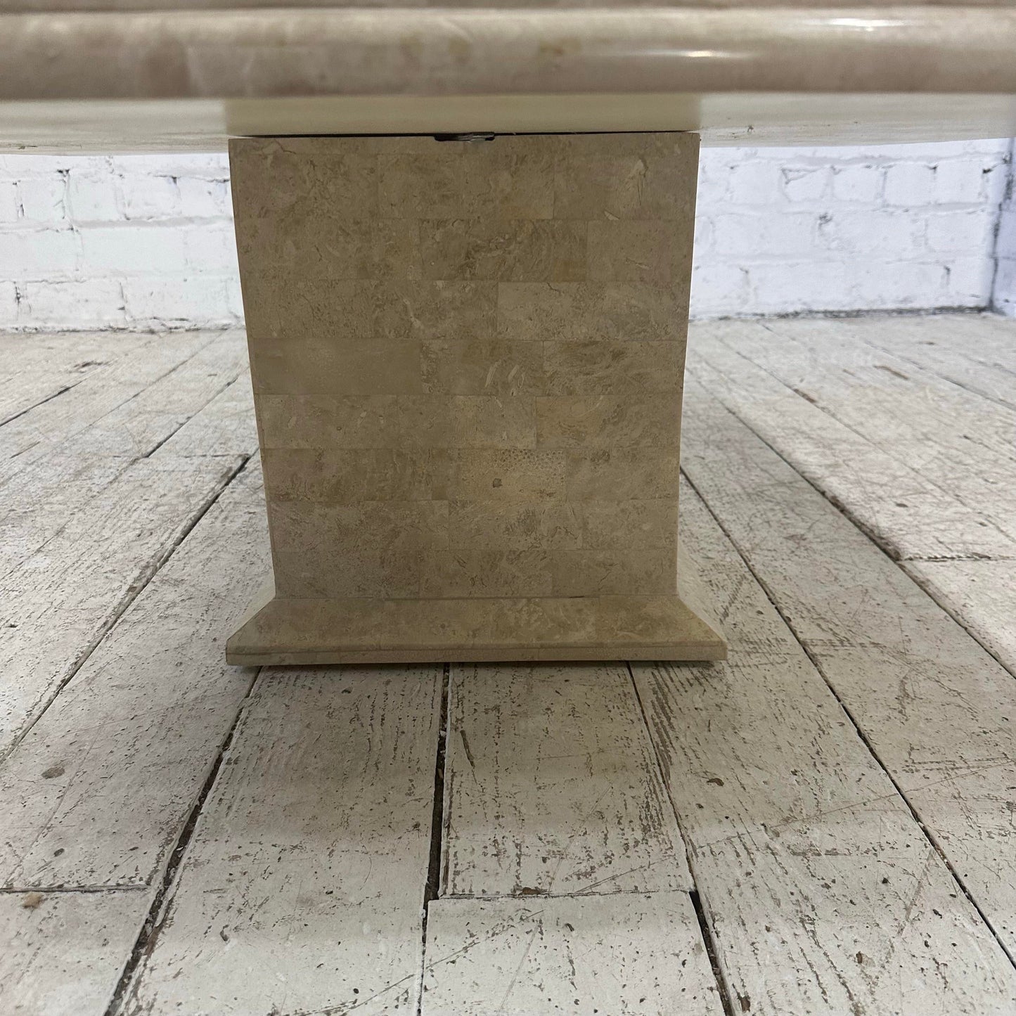 Maitland Smith Tessellated Travertine Pink Marble and Brass Square Coffee Table