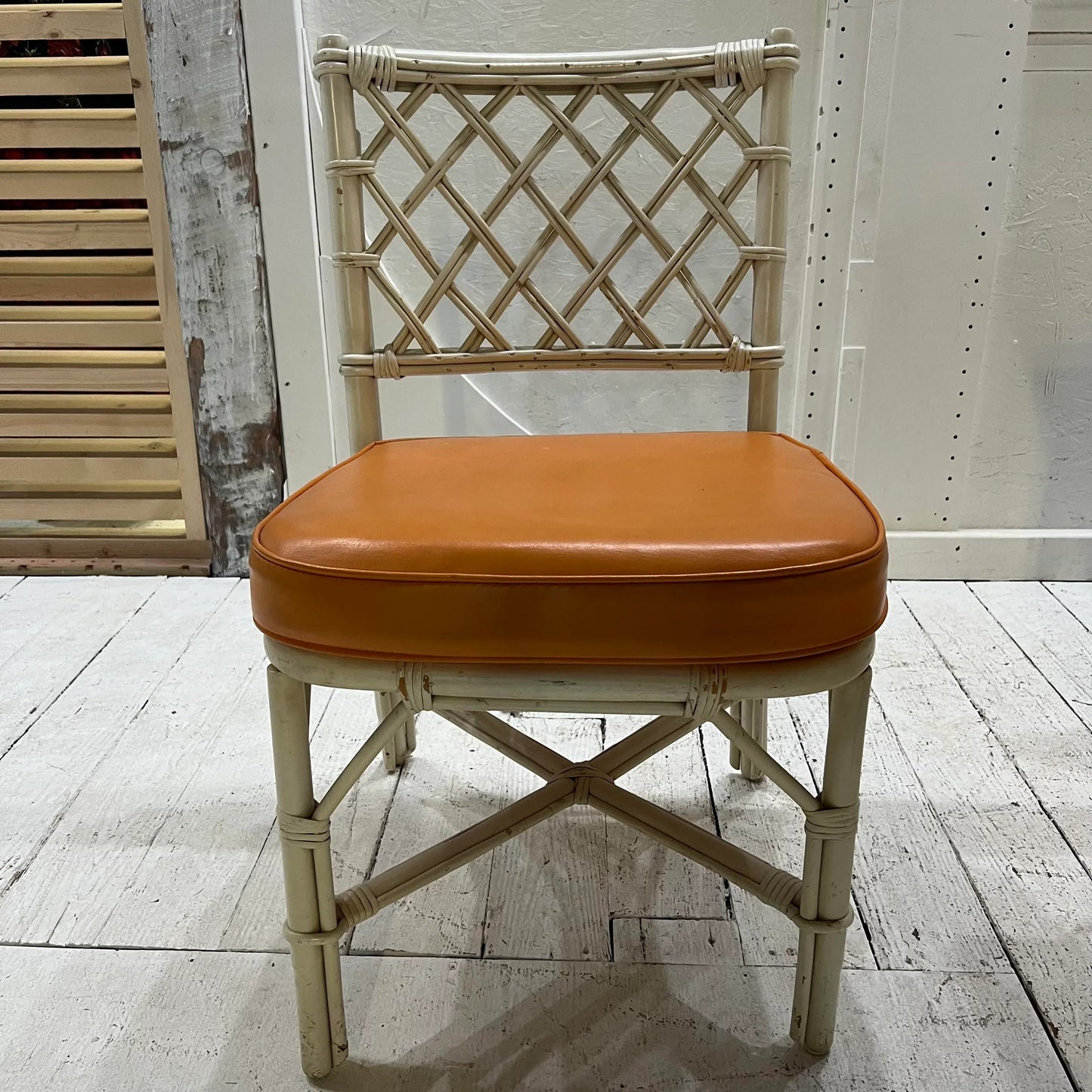 1980s White Rattan Bamboo Table and Chair Set with Flip Top to Expand From Game Size to Dining Table - Set of 5