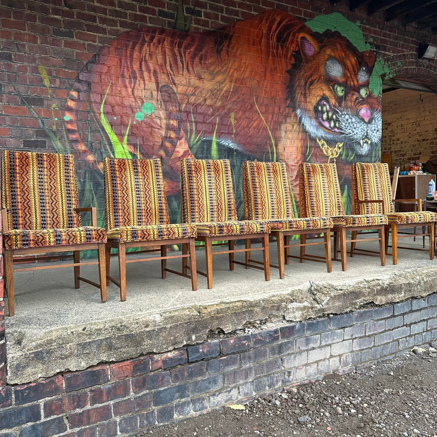 Set of 6 Walnut Founders Dining Chairs in Possible Jack Lenor Larsen Fabric