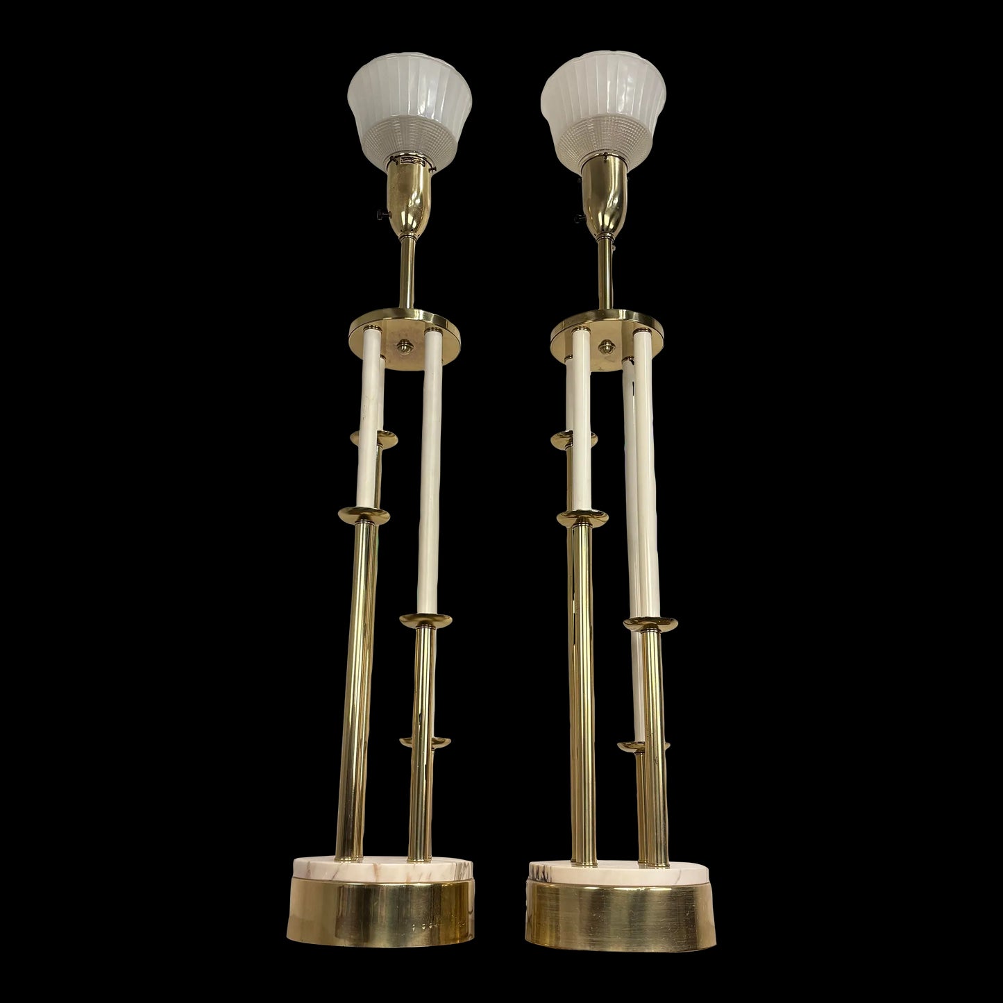 Pair of Colonial Premier Tall Brass and Marble Candelabra Style Table Lamps in the Style Tommi Parzinger