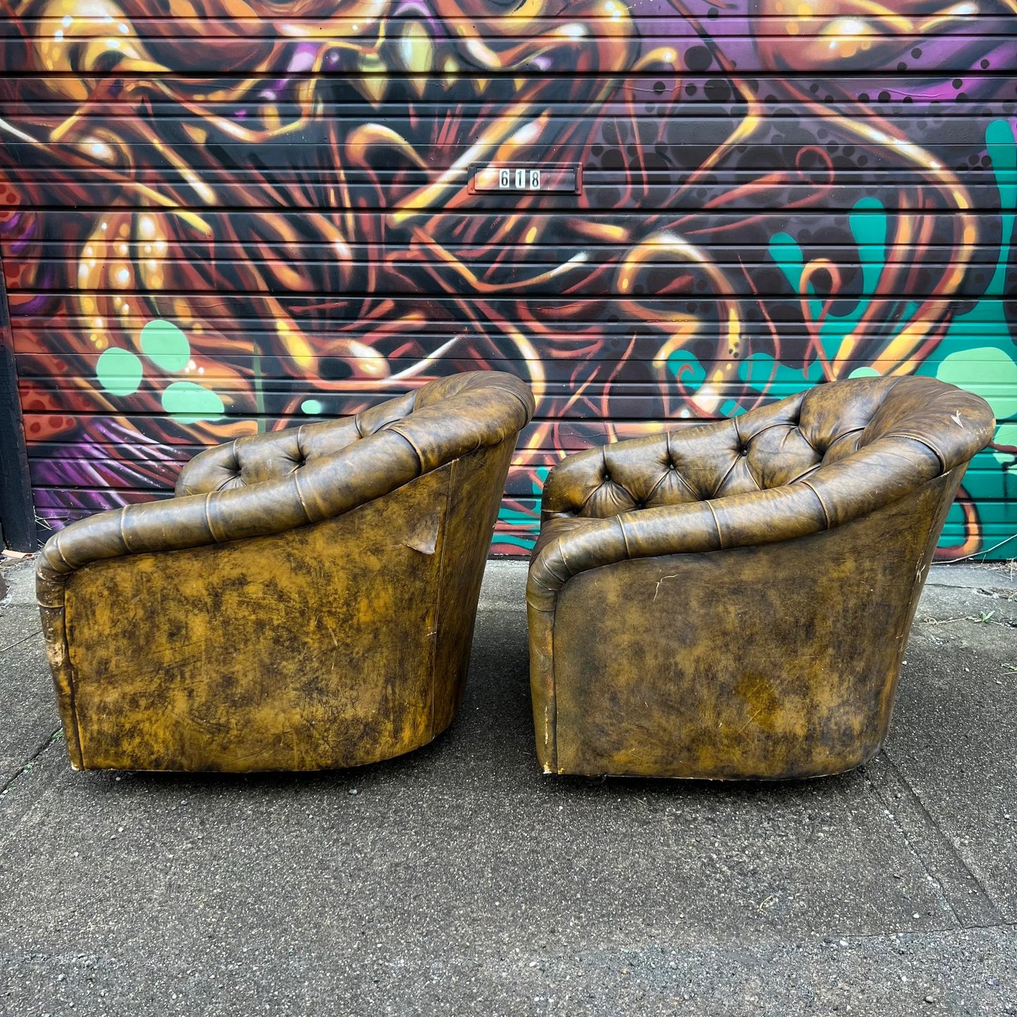 Pair of Ward Bennett Brown Leather Chairs on Casters