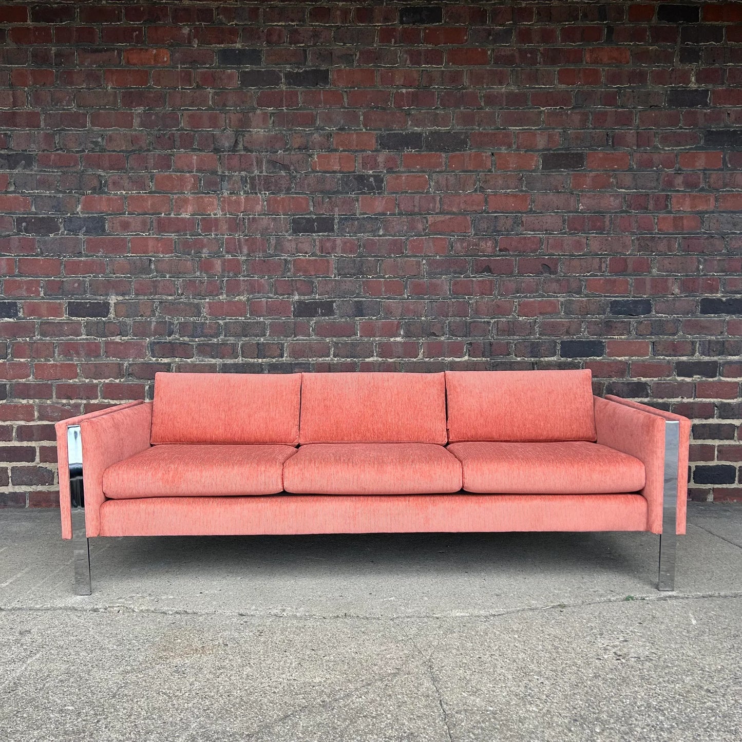 Reupholstered Milo Baughman Style Chrome Sofa in Crypton Salmon Corduroy