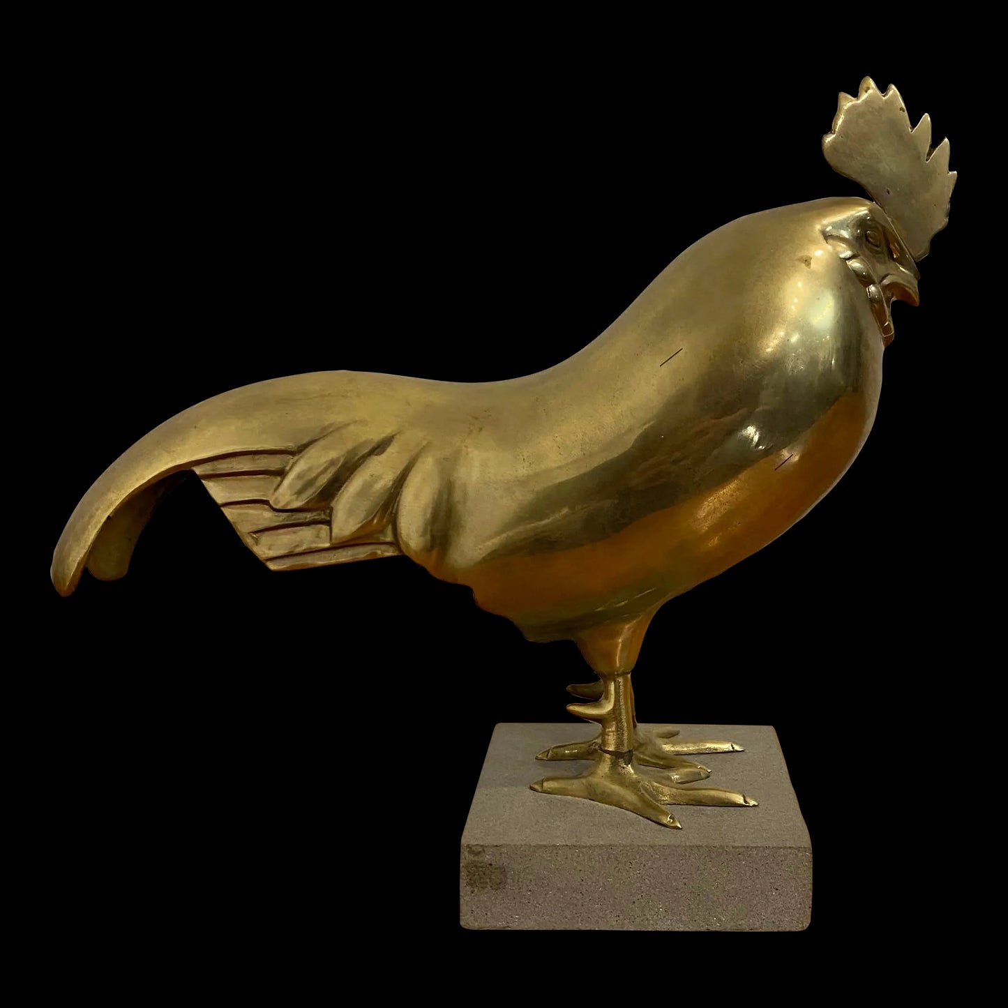 Large Italian Brass Rooster Chicken Statue on Stone Base