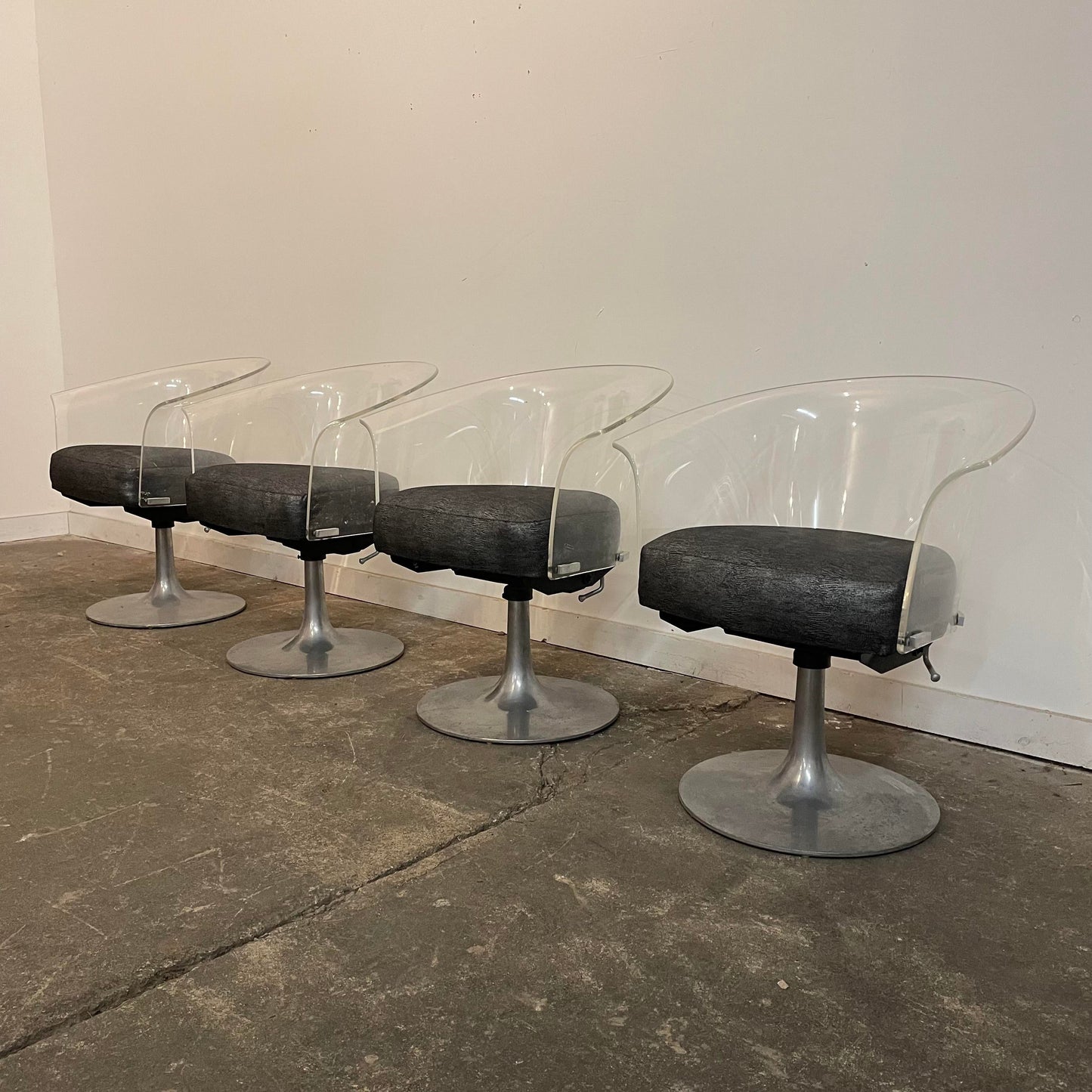 Mid Century Modern Bassick Flo-Tork Lucite Swivel and Reclining Chairs with Tulip Base - Set of 4