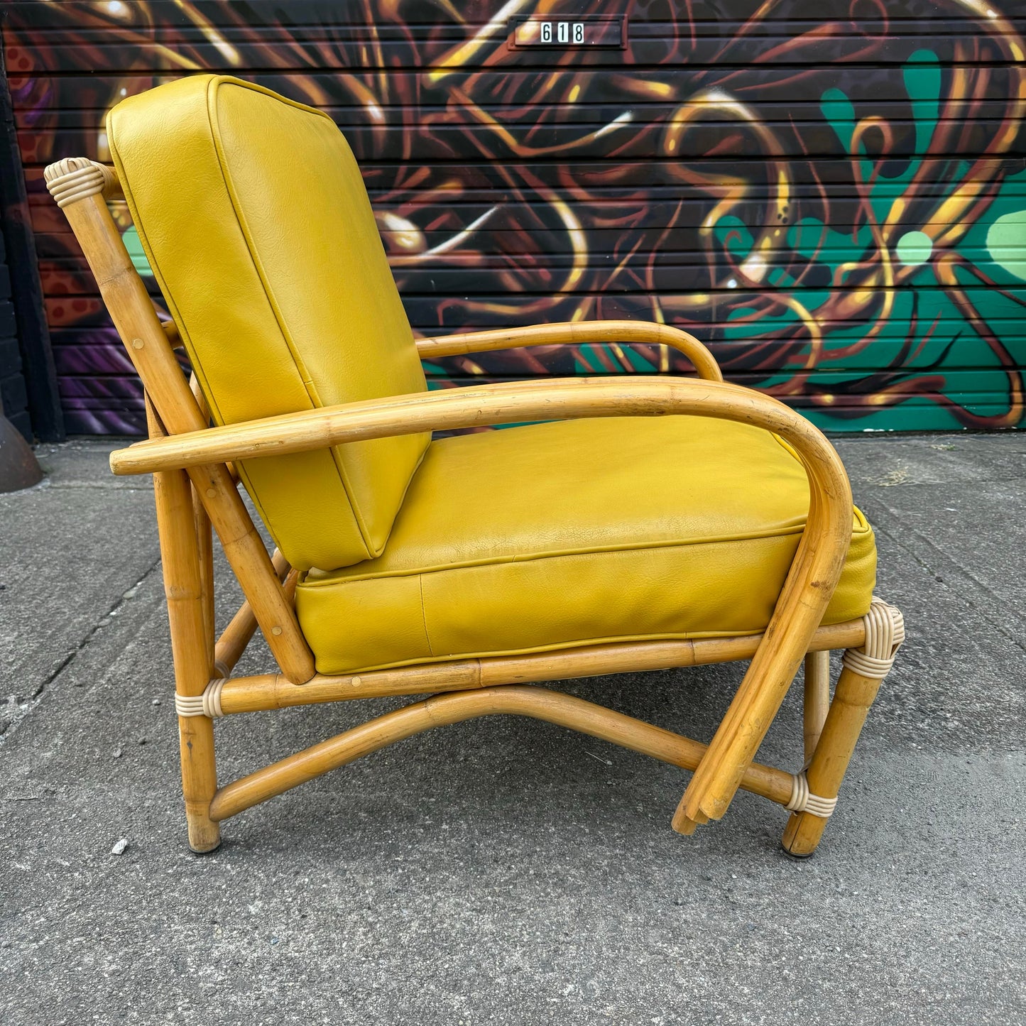 Mid Century Modern Bamboo Arm Lounge Chair Yellow