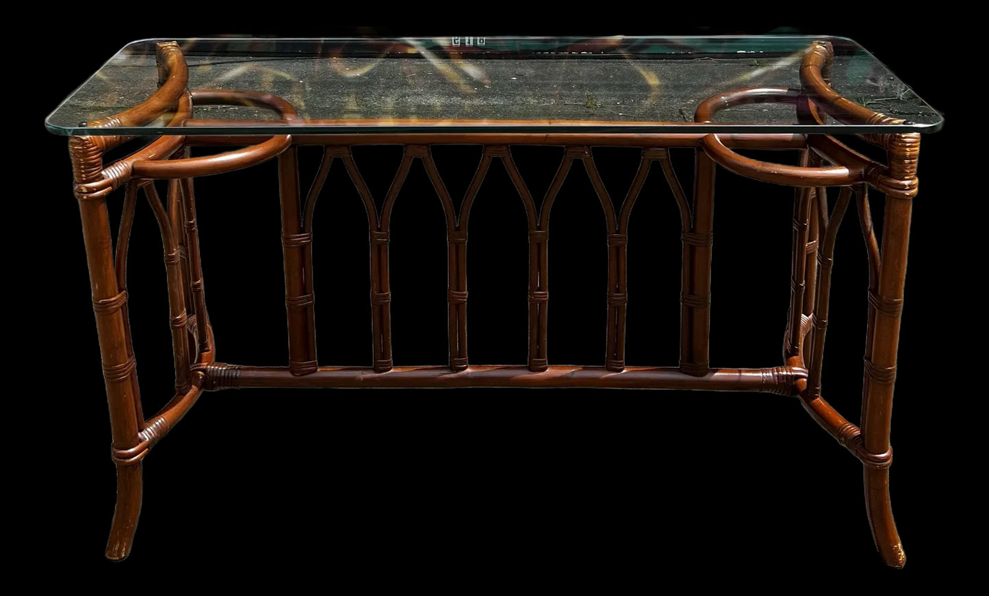 1970s Bamboo Rattan and Glass Console Table