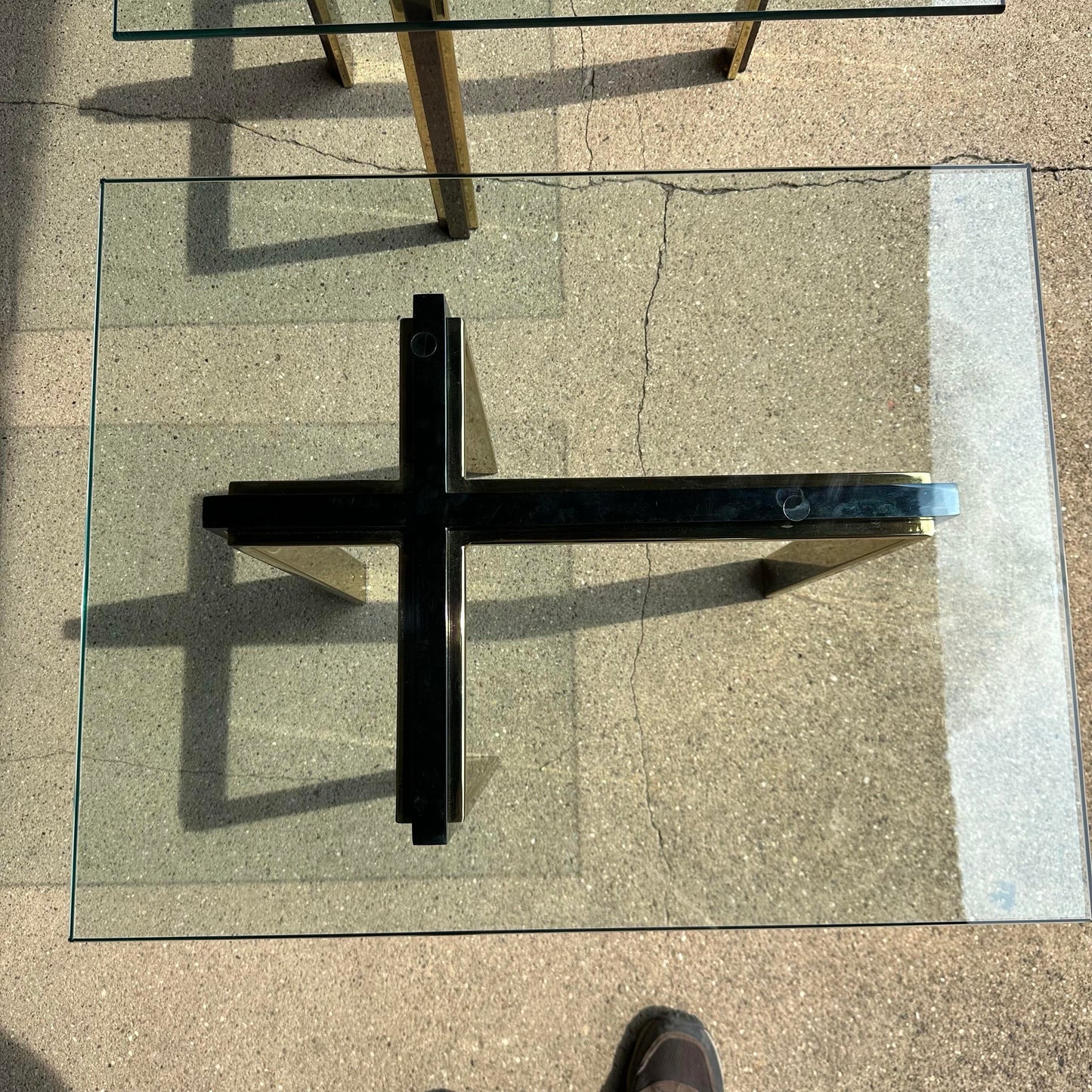 Pair of Glass and Brass and Smoked Chrome Solid Steel Side Tables