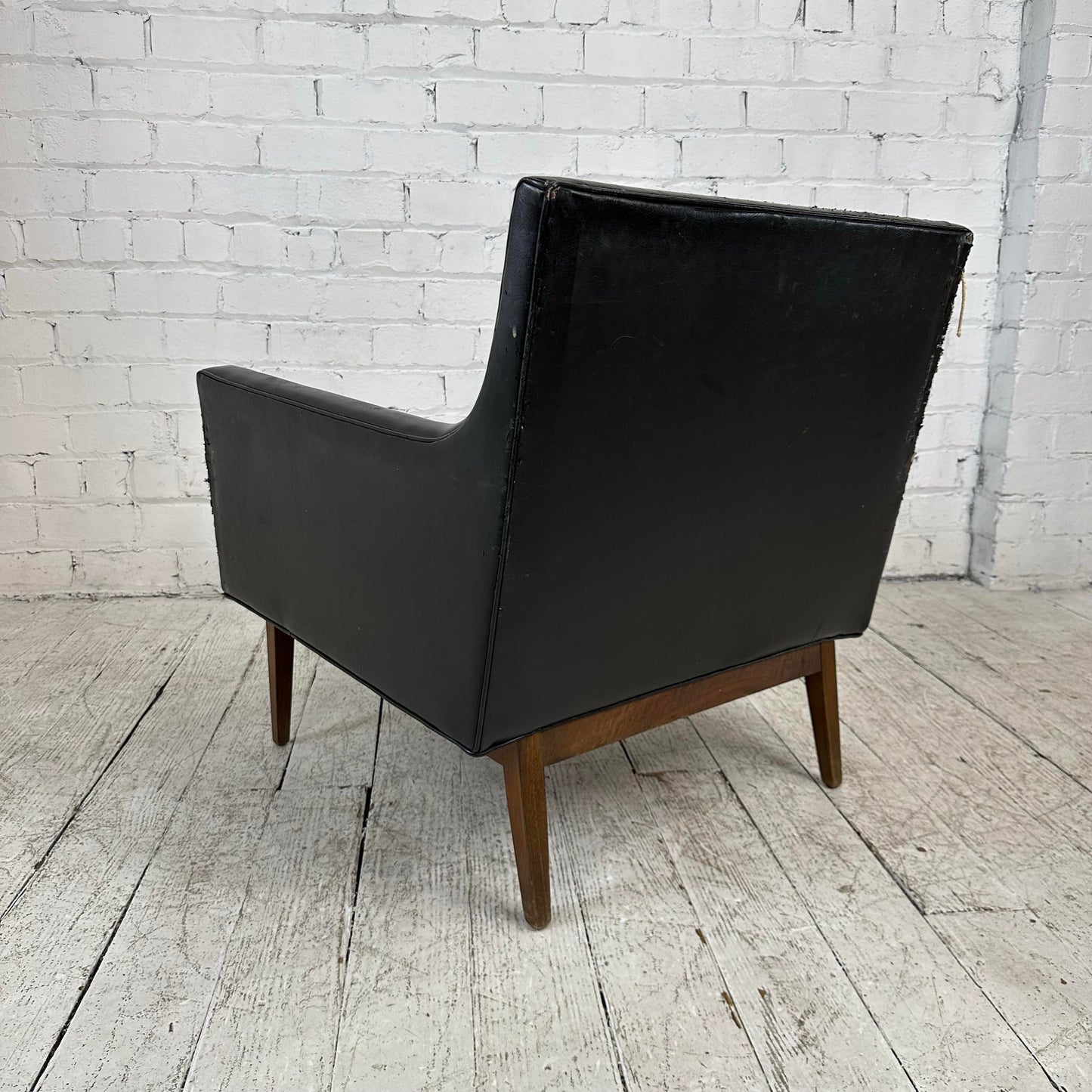 Mid Century Modern Black Vinyl Lounge Chair With Walnut Base Milo Baughman Style