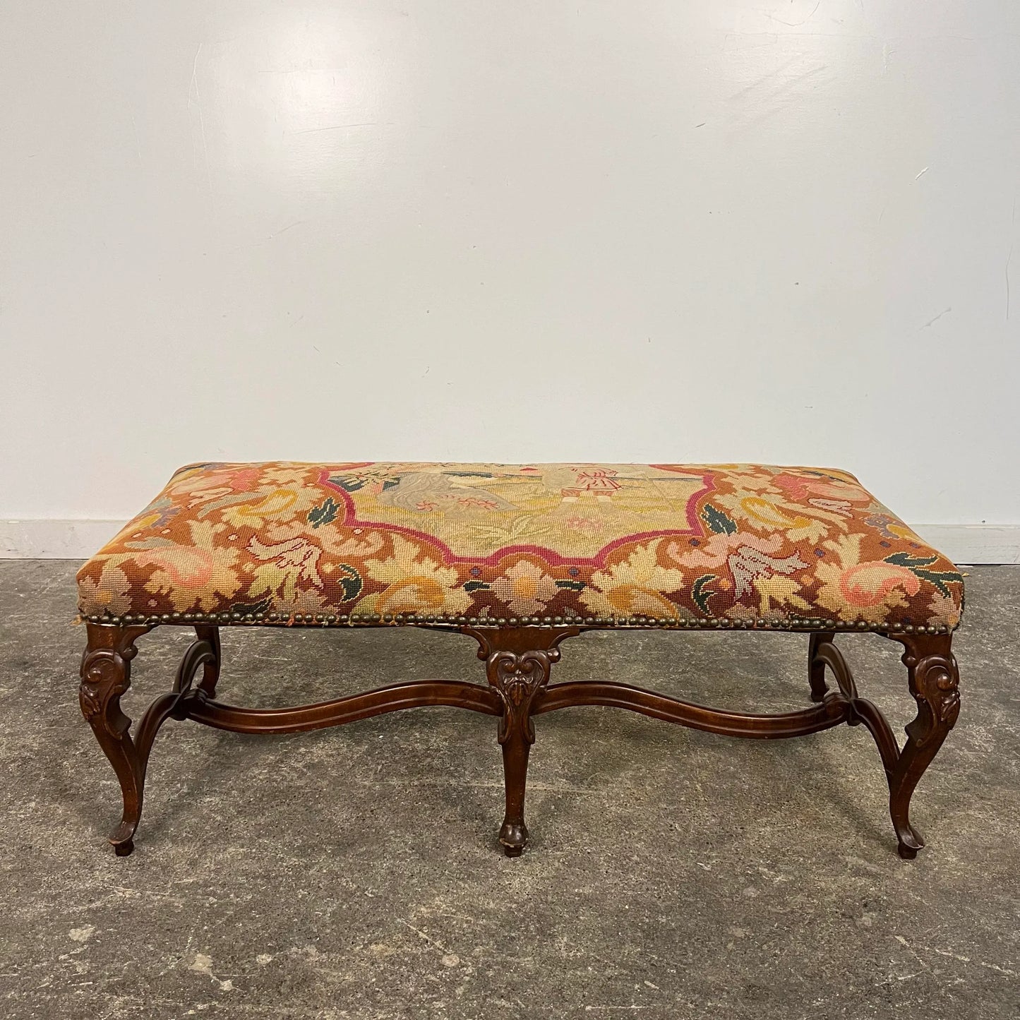 Antique French Style Carved Wood & Needlepoint Tapestry Bench