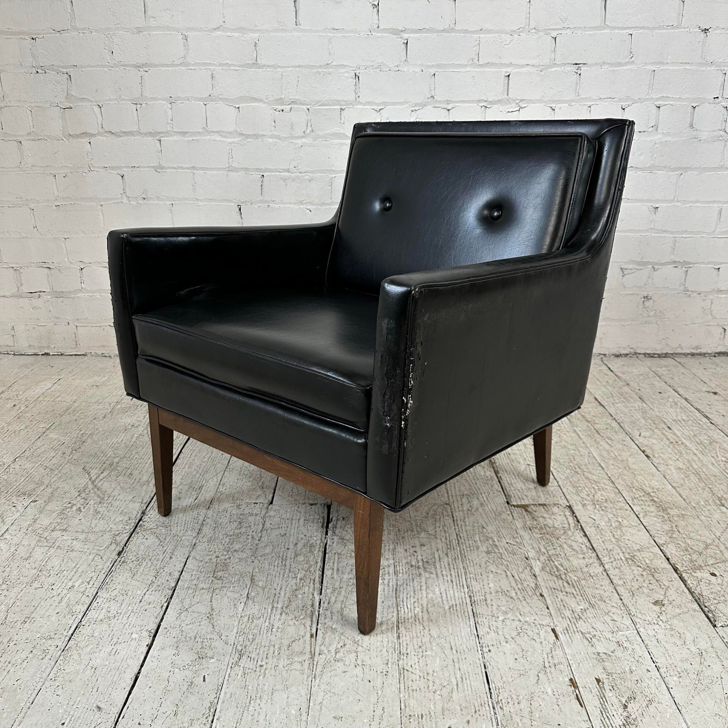 Mid Century Modern Black Vinyl Lounge Chair With Walnut Base Milo Baughman Style