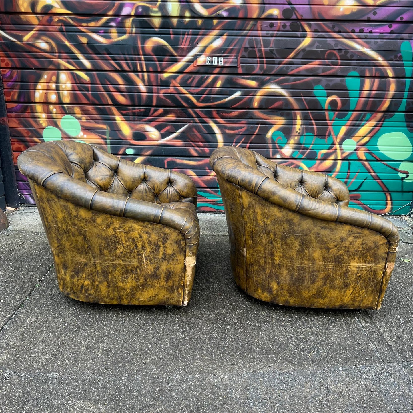 Pair of Ward Bennett Brown Leather Chairs on Casters