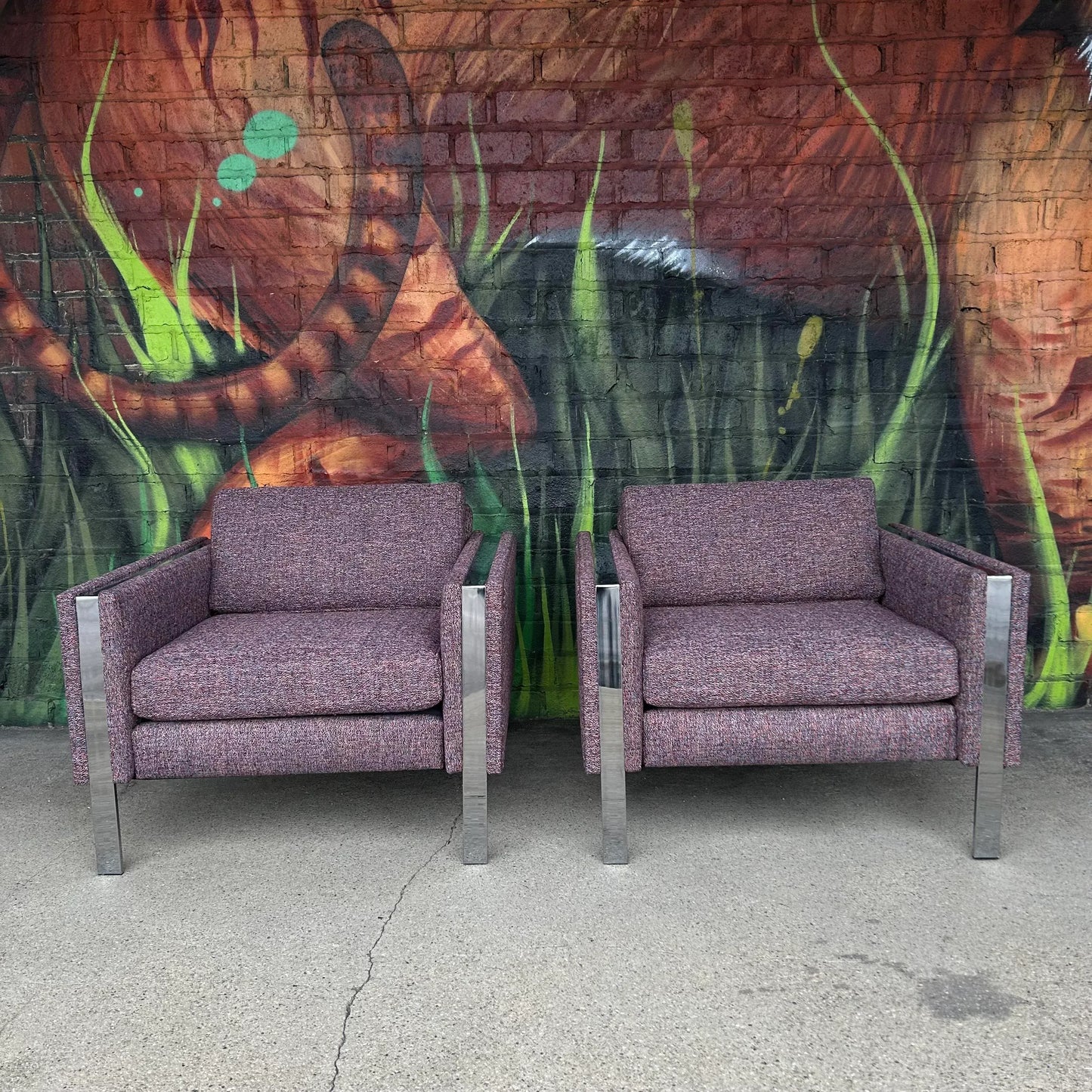 Pair of Chrome Cube Club Chairs Newly Upholstered in a Great Multi Color Texture Fabric