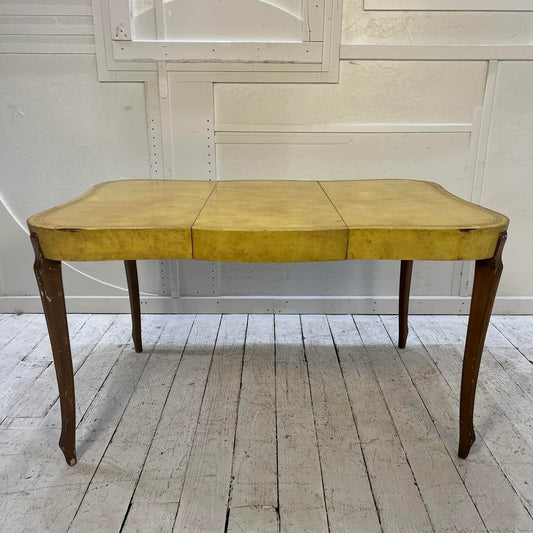 European Yellow Leather Wrapped Dining Table with Gold Trim