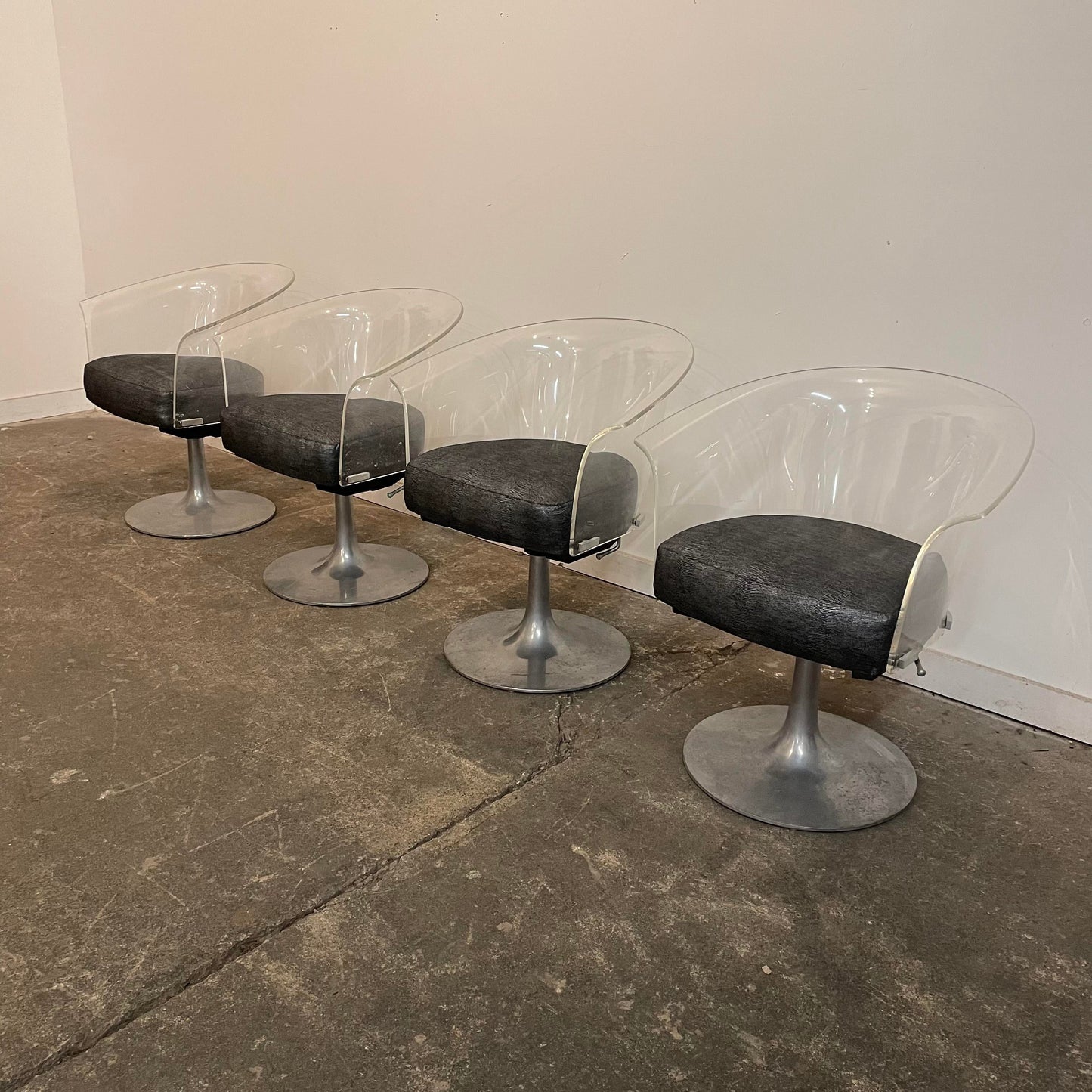 Mid Century Modern Bassick Flo-Tork Lucite Swivel and Reclining Chairs with Tulip Base - Set of 4
