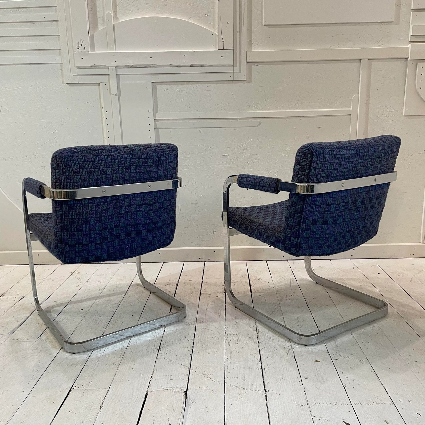 Mid 20th Century Milo Baughman Chrome and Blue Chairs - a Pair