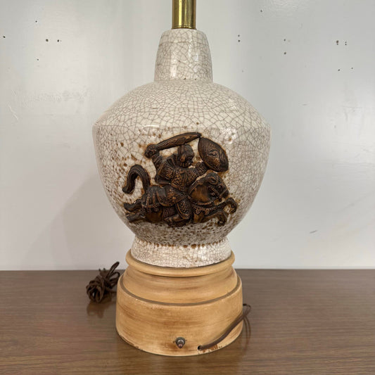 Mid Century Modern Large Scale Ceramic Chinoiserie Knight Table Lamp. James Mont Style