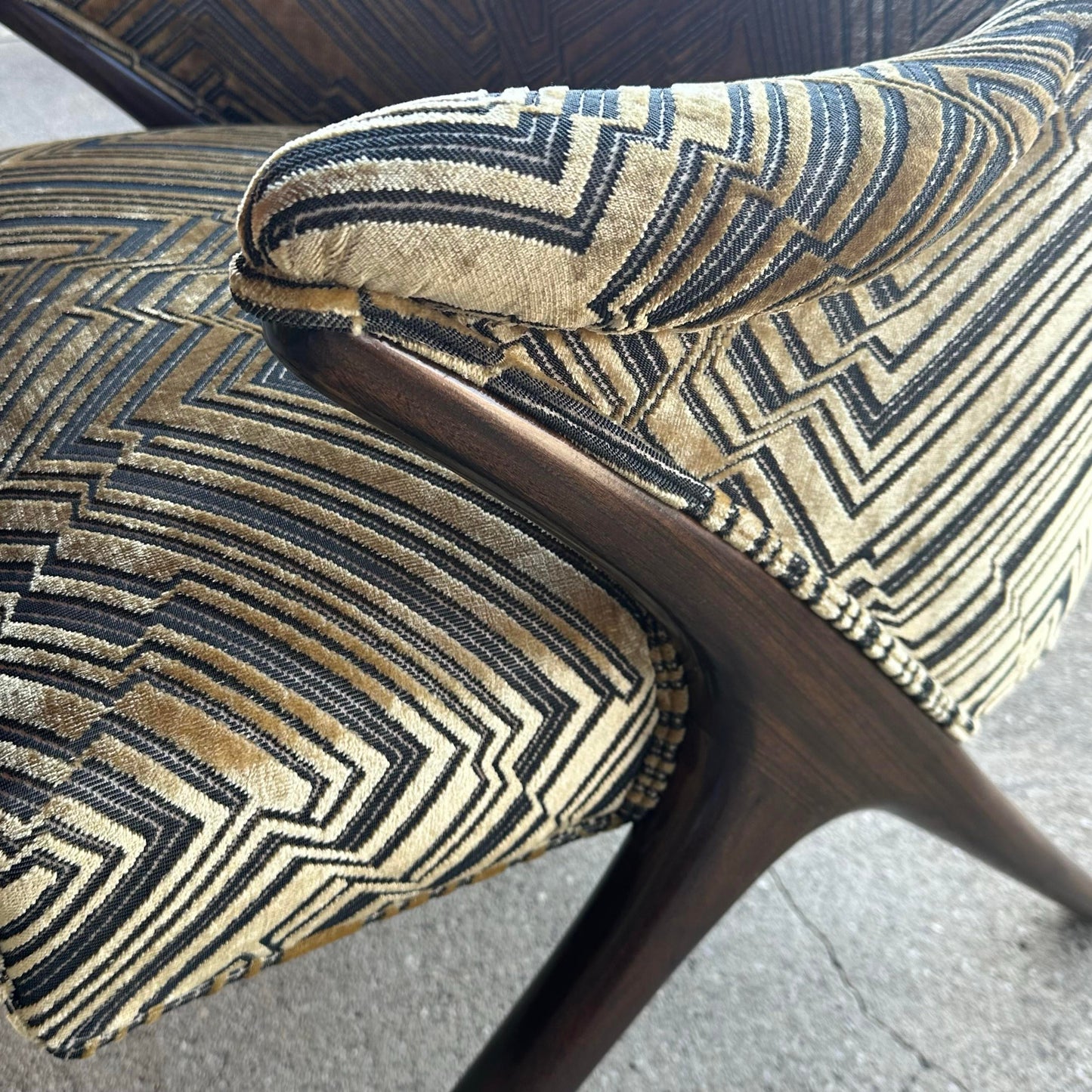 Mid Century Modern Lounge Chair Often Attributed to Karpen in Jim Thompson Fabric