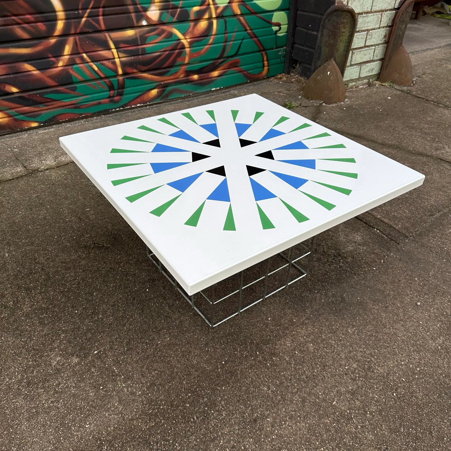 Amazing Geometric Enamel Top With Chrome Wire Bottom Side Table Alexander Girard