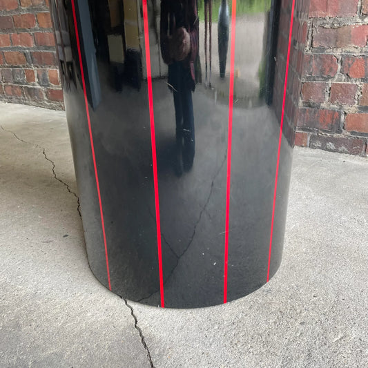 1980s Black Round Stone Table Top With Red Strips on Black Laminate Base Round