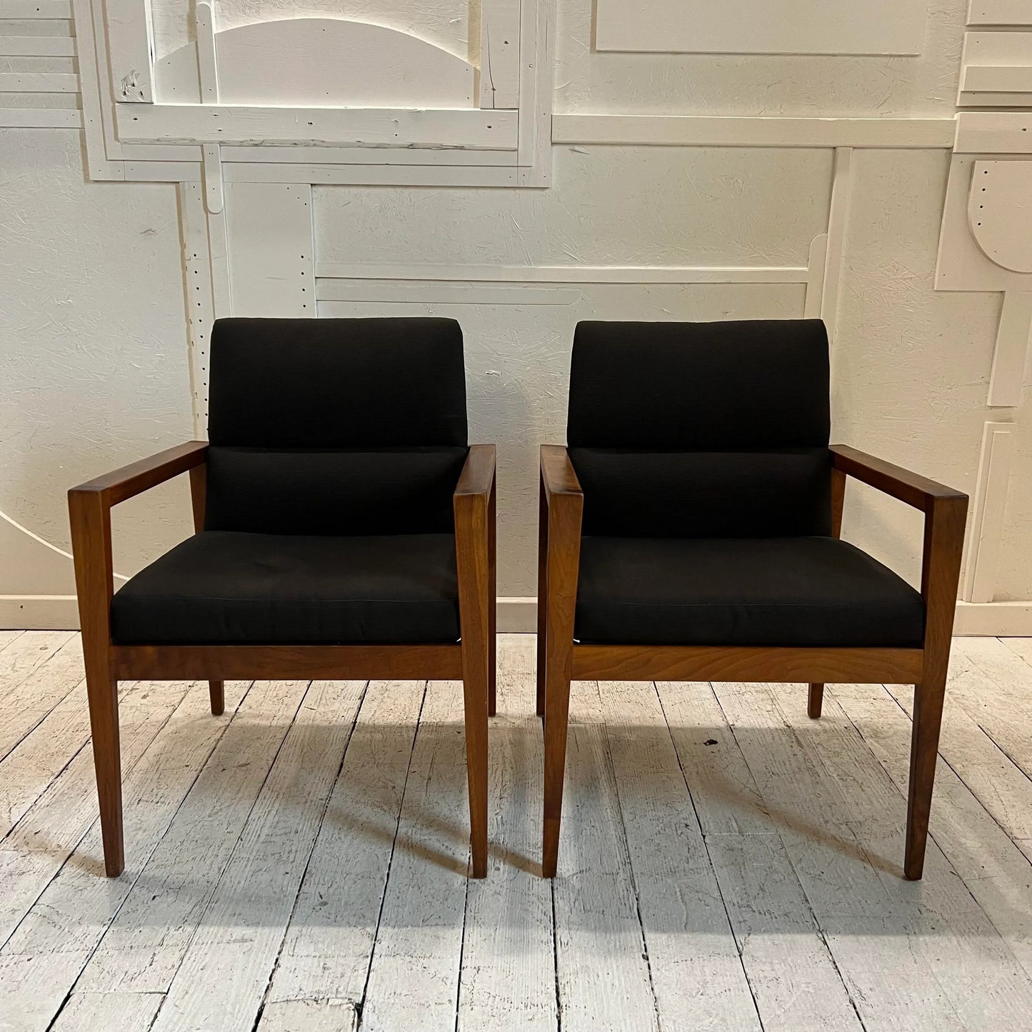 Jens Risom Designed Midcentury Pair of Arm Chairs Covered in Black Fabric