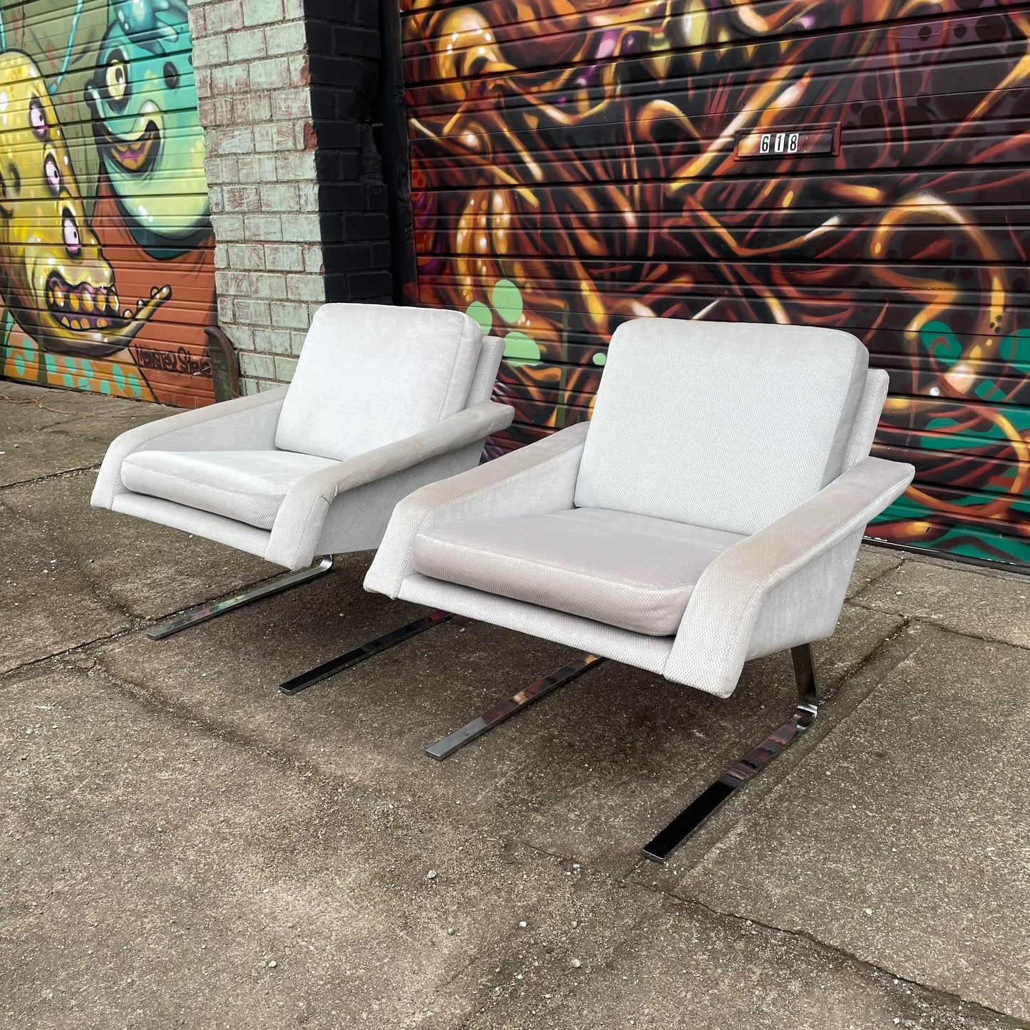 Pair of 1980’s Chrome Base Lounge Chairs Cantilevered