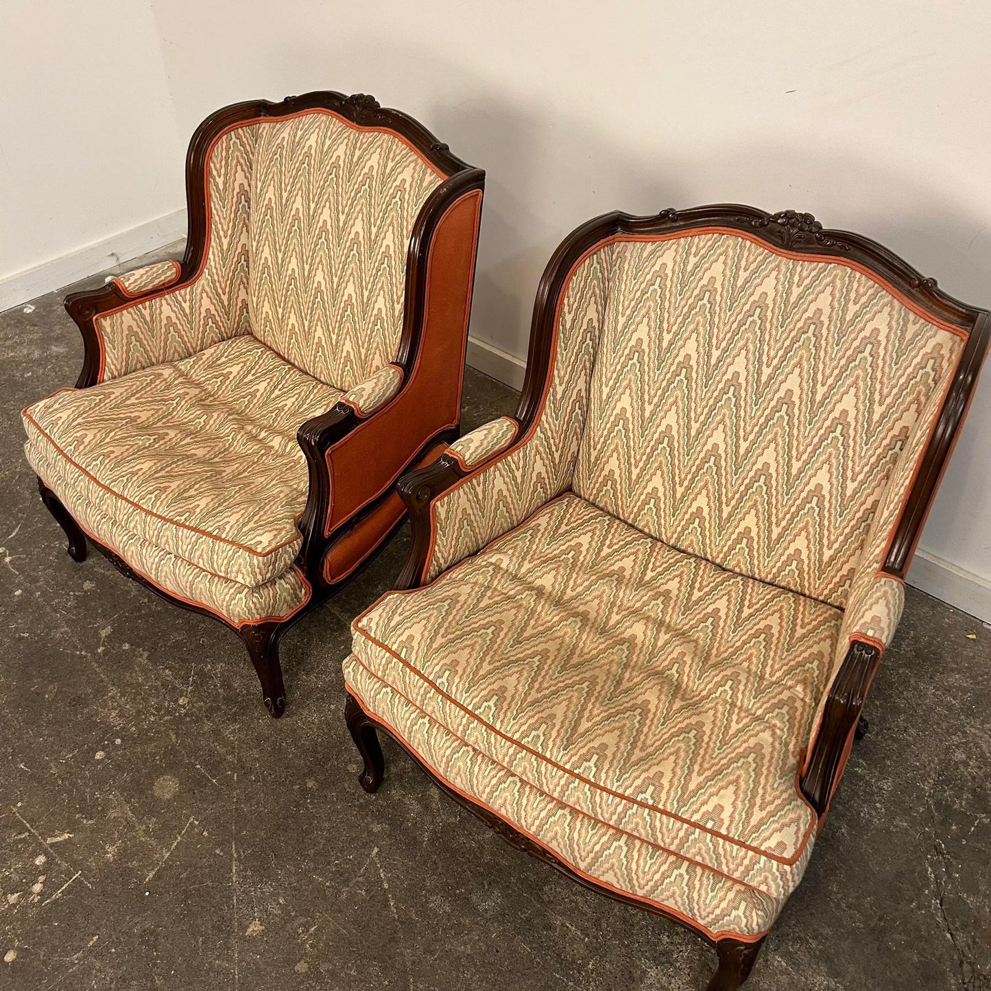 Pair of Antique Wing Back Club Chairs French Provincial