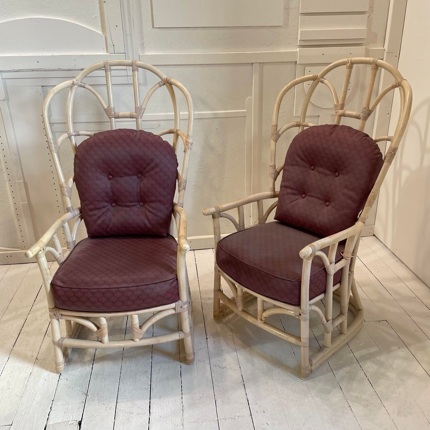 1970s Vintage Tall Back Bamboo Wing Chairs - a Pair