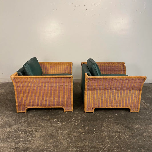 Pair of Large Cube Wicker Lounge Club Chairs