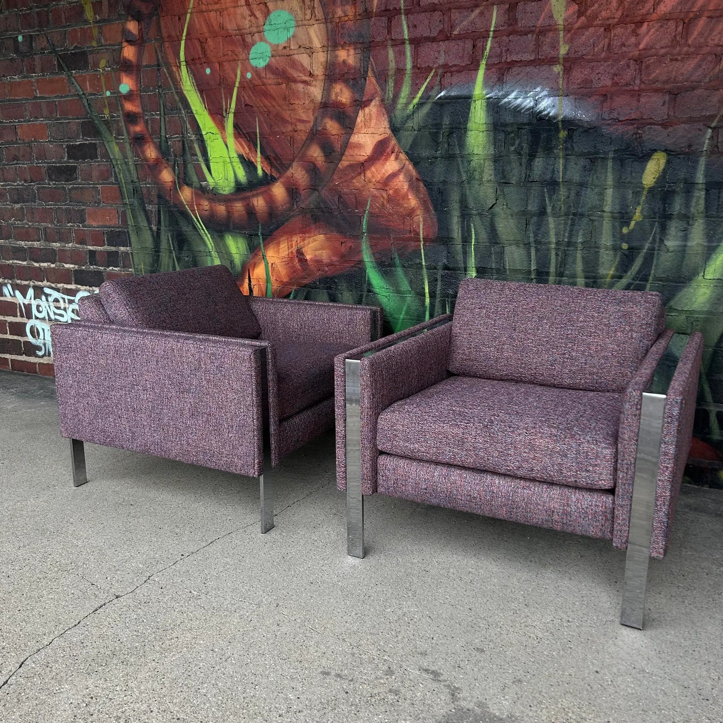 Pair of Chrome Cube Club Chairs Newly Upholstered in a Great Multi Color Texture Fabric