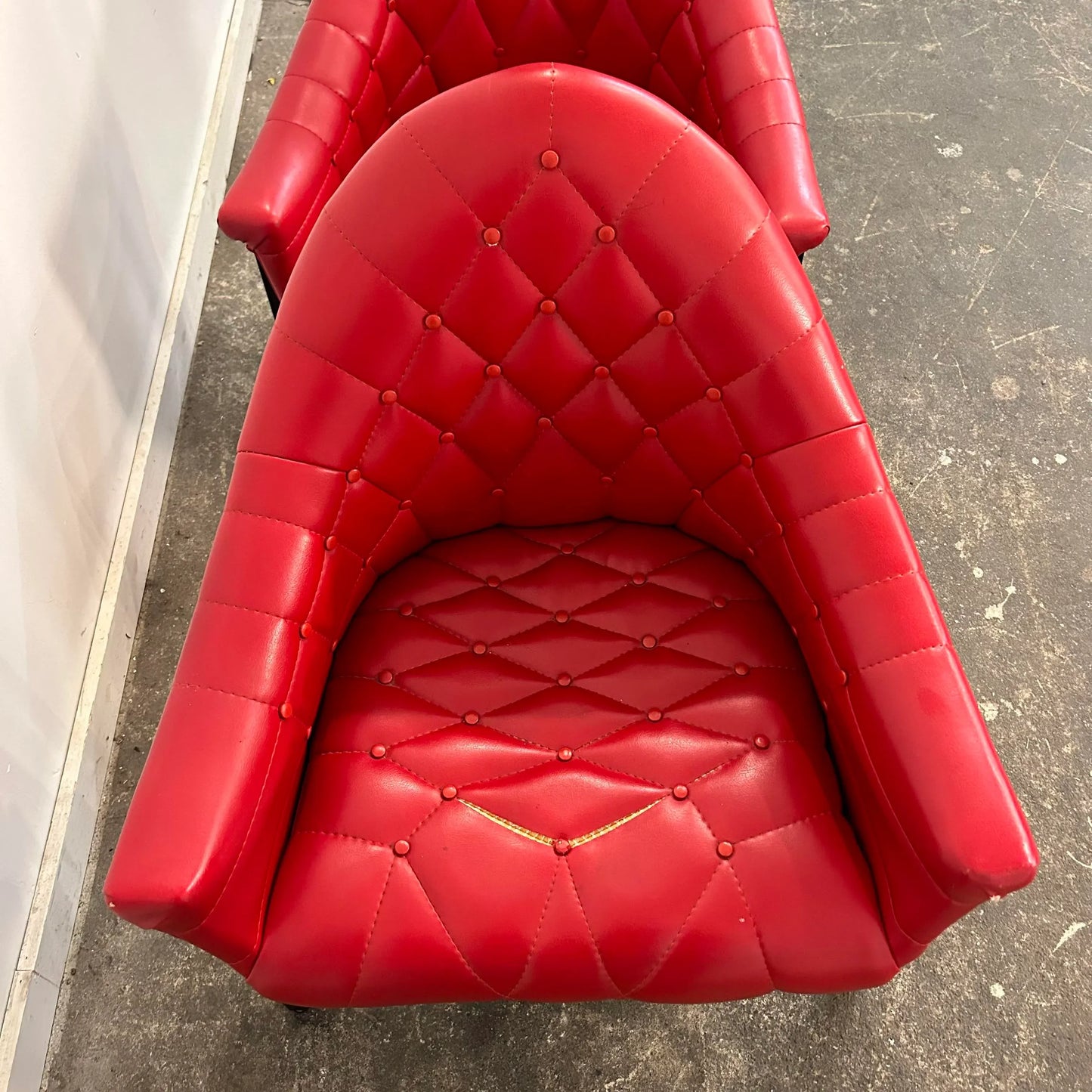 Red Vinyl Tufted Lounge Chairs Styled After Milo Baughman by Frank and Son