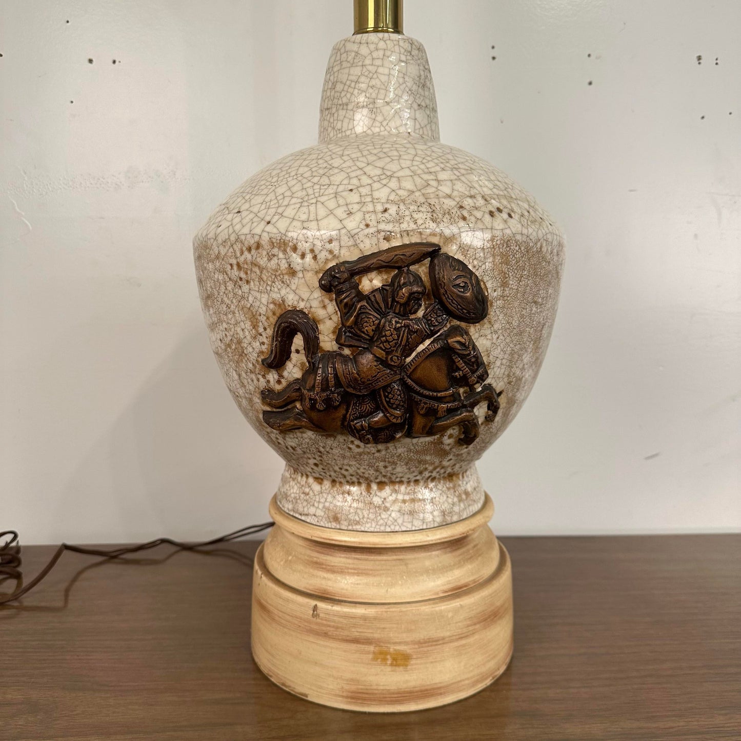 Mid Century Modern Large Scale Ceramic Chinoiserie Knight Table Lamp. James Mont Style