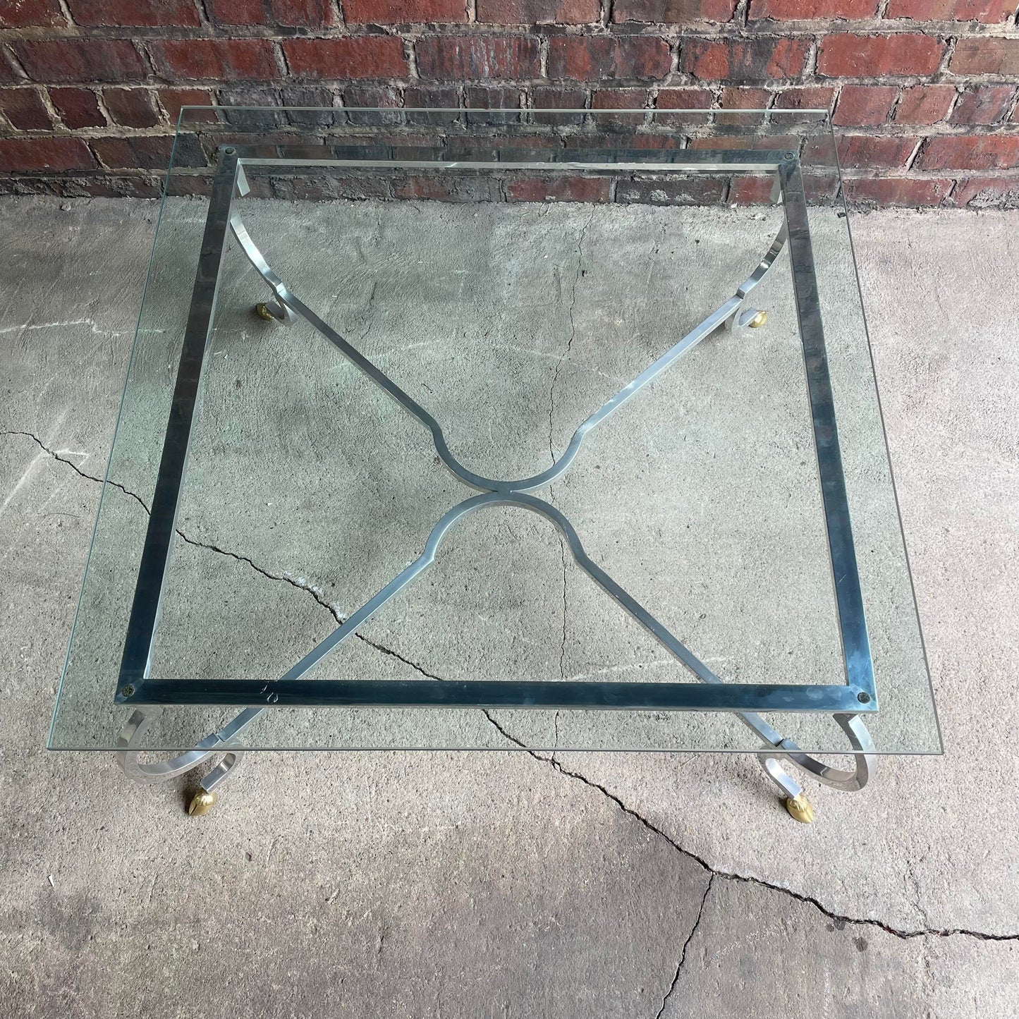Mid 20th Century Square Chrome and Brass Hoof Base Coffee Table with Glass Top