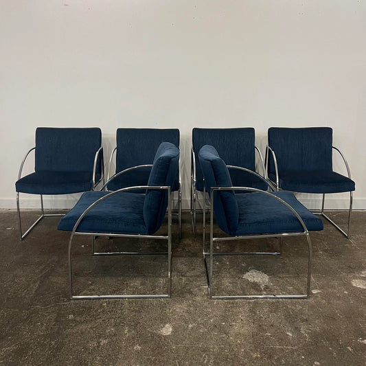 Milo Baughman Thayer Coggin Chrome Dining Chairs Recovered in a Blue Sparkly Fabric.