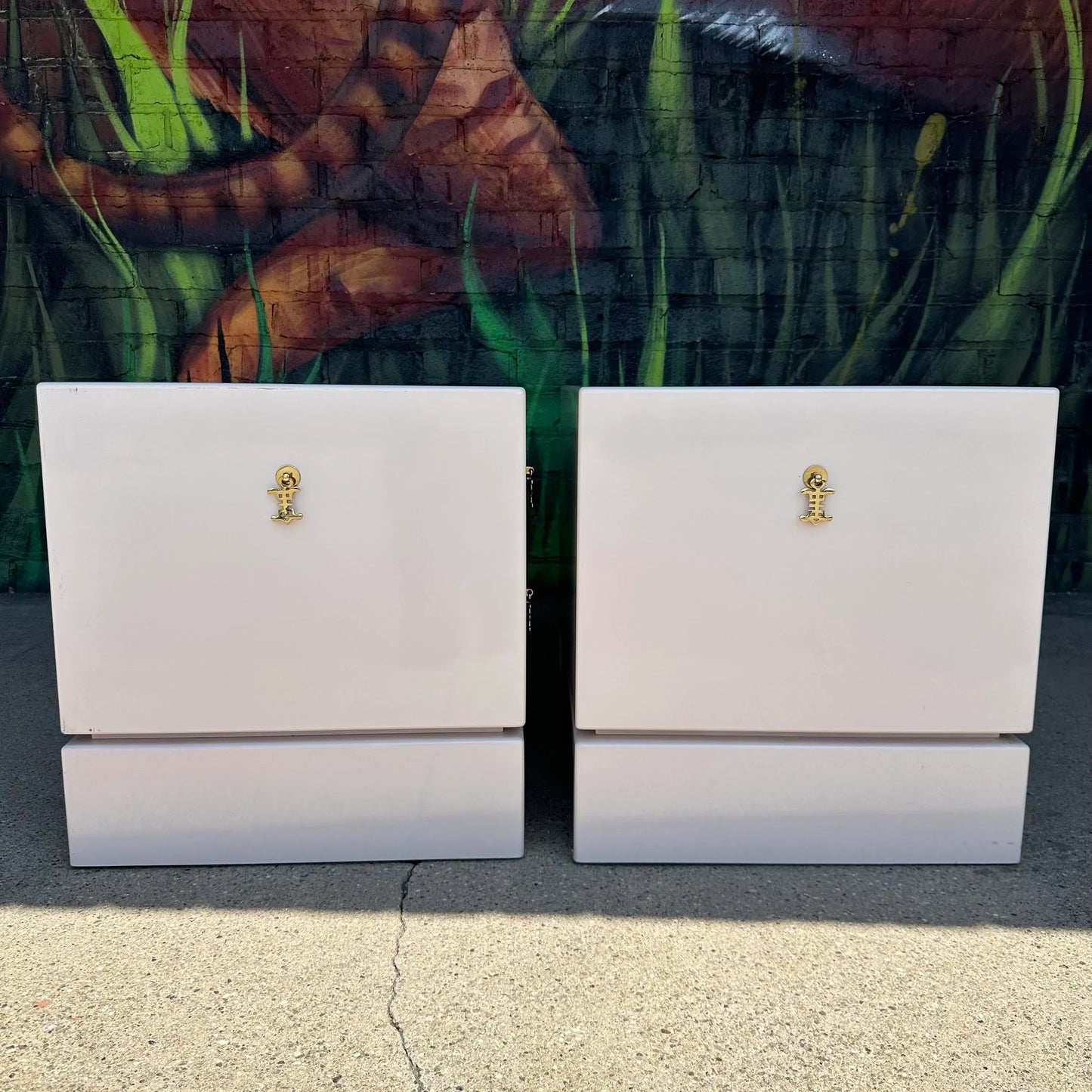 Pair of Light Pink Lacquered Nightstands Brass Hardware Western Furniture Company