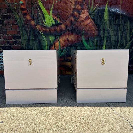 Pair of Light Pink Lacquered Nightstands Brass Hardware Western Furniture Company