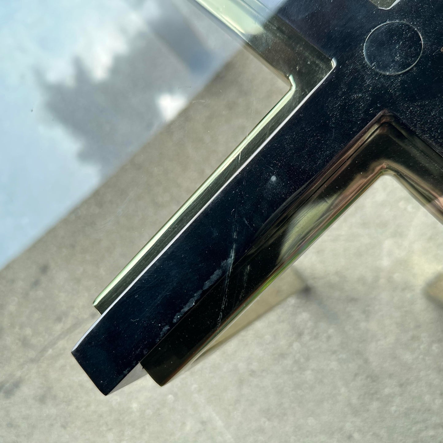 Pair of Glass and Brass and Smoked Chrome Solid Steel Side Tables