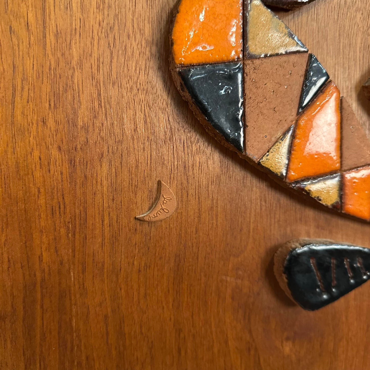 Mid Century Modern Ceramic Mosaic on Teak Wood La Luna