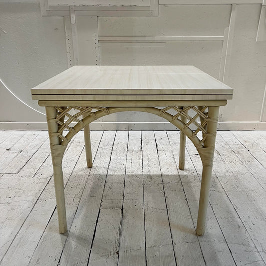 1980s White Rattan Bamboo Table and Chair Set with Flip Top to Expand From Game Size to Dining Table - Set of 5