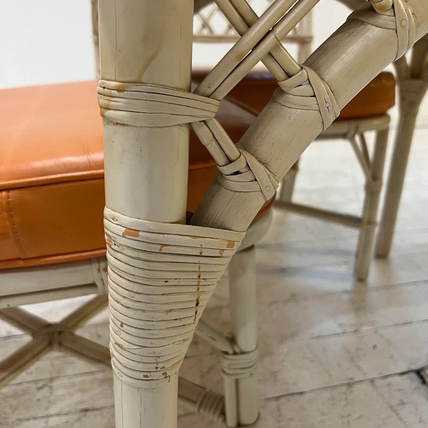 1980s White Rattan Bamboo Table and Chair Set with Flip Top to Expand From Game Size to Dining Table - Set of 5