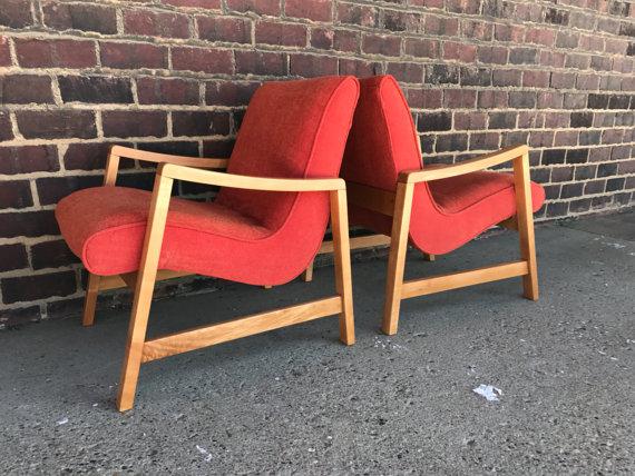 1960s Mid-Century Modern Jens Risom Orange Upholstered Armchairs - a Pair
