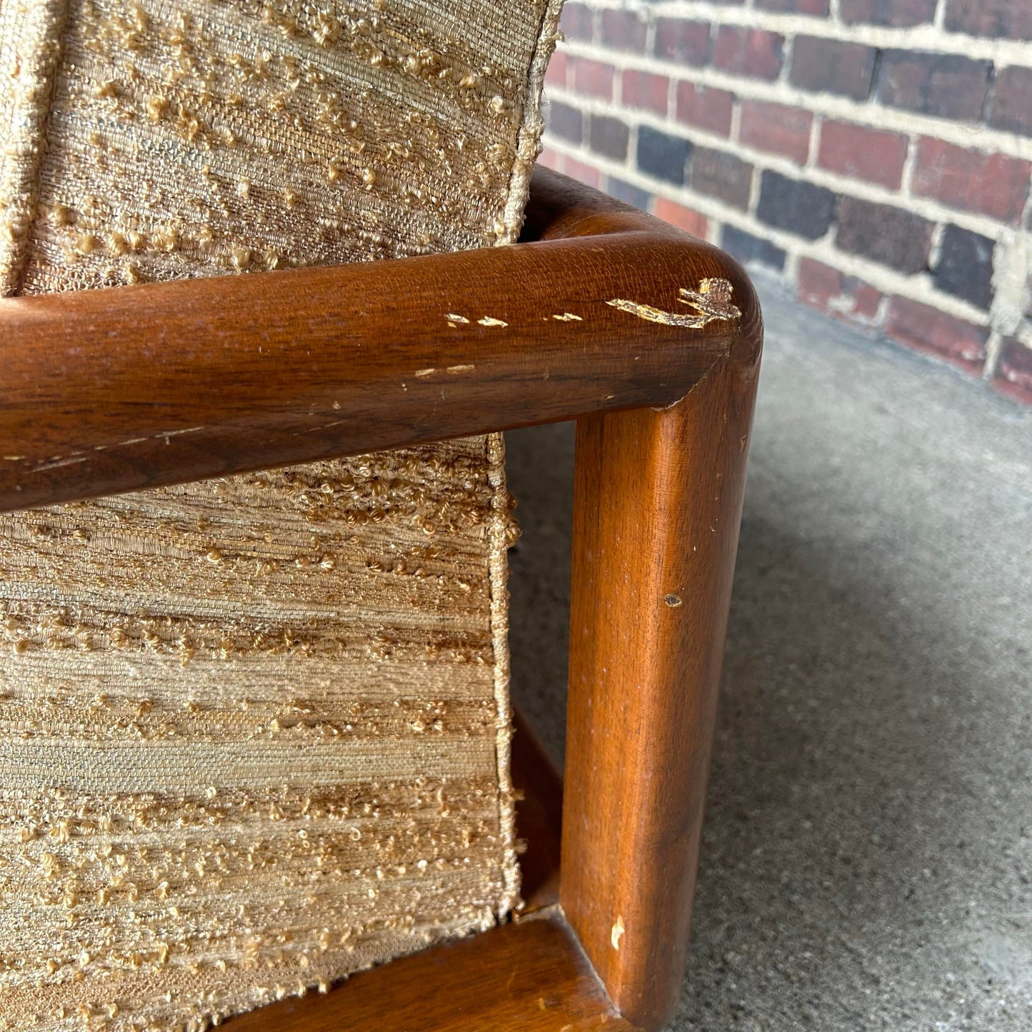 T. H. Robsjohn Gibbings Style Walnut Framed Sofa With Brass Legs
