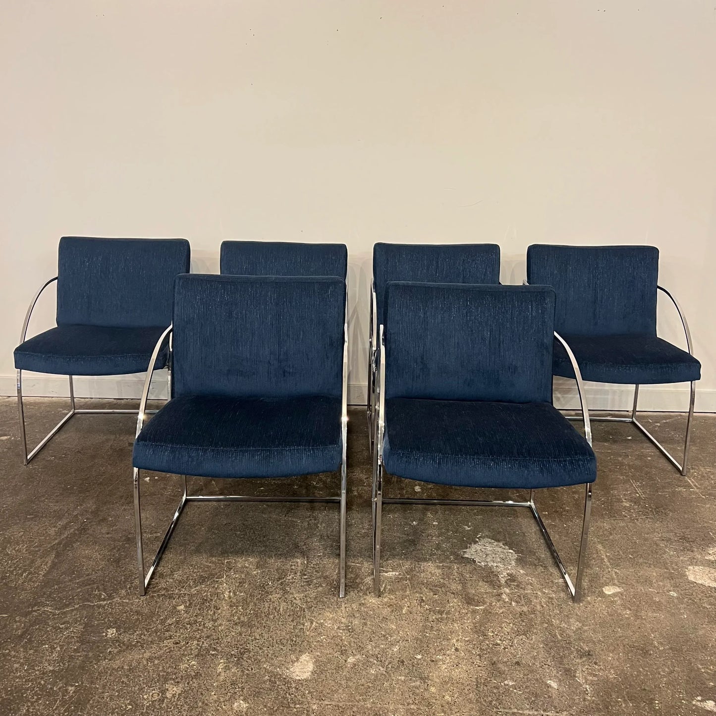 Milo Baughman Thayer Coggin Chrome Dining Chairs Recovered in a Blue Sparkly Fabric.