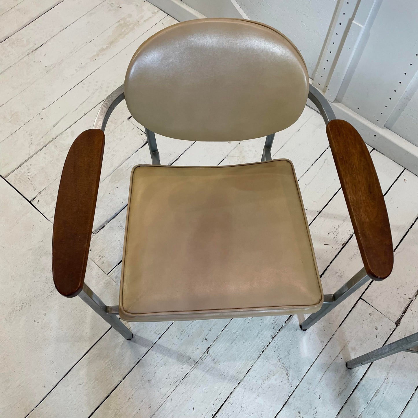 Mid 20th Century Metal Frame Chairs With Wood Arms - a Pair