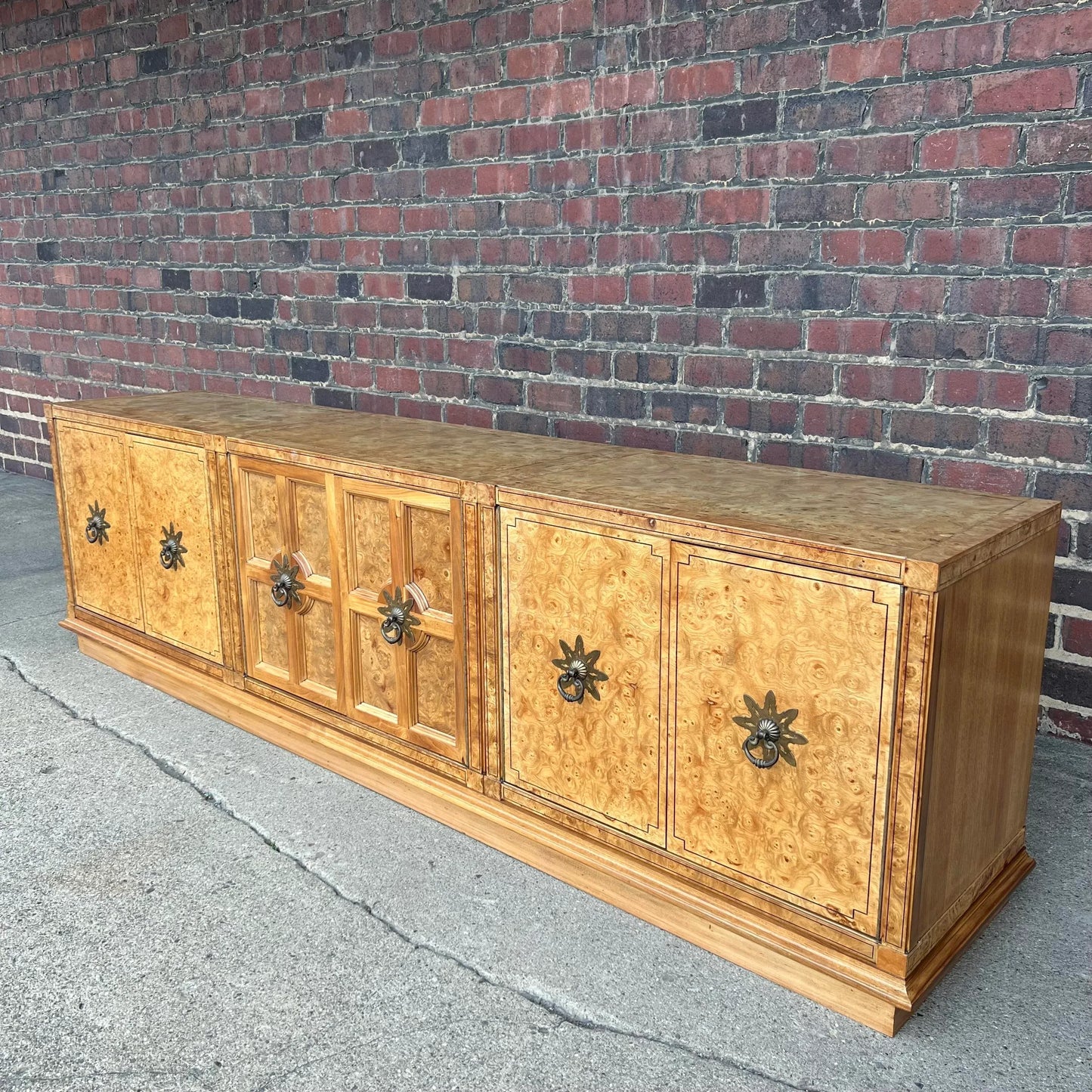 Large Refinished Burlwood Mastercraft Credenza Brass Hardware