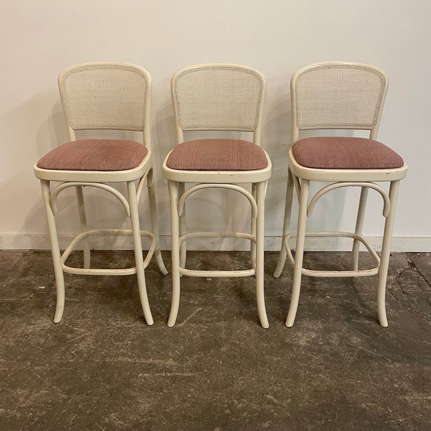 Mid Century Modern Bar Stools with Caned Back - Set of 3