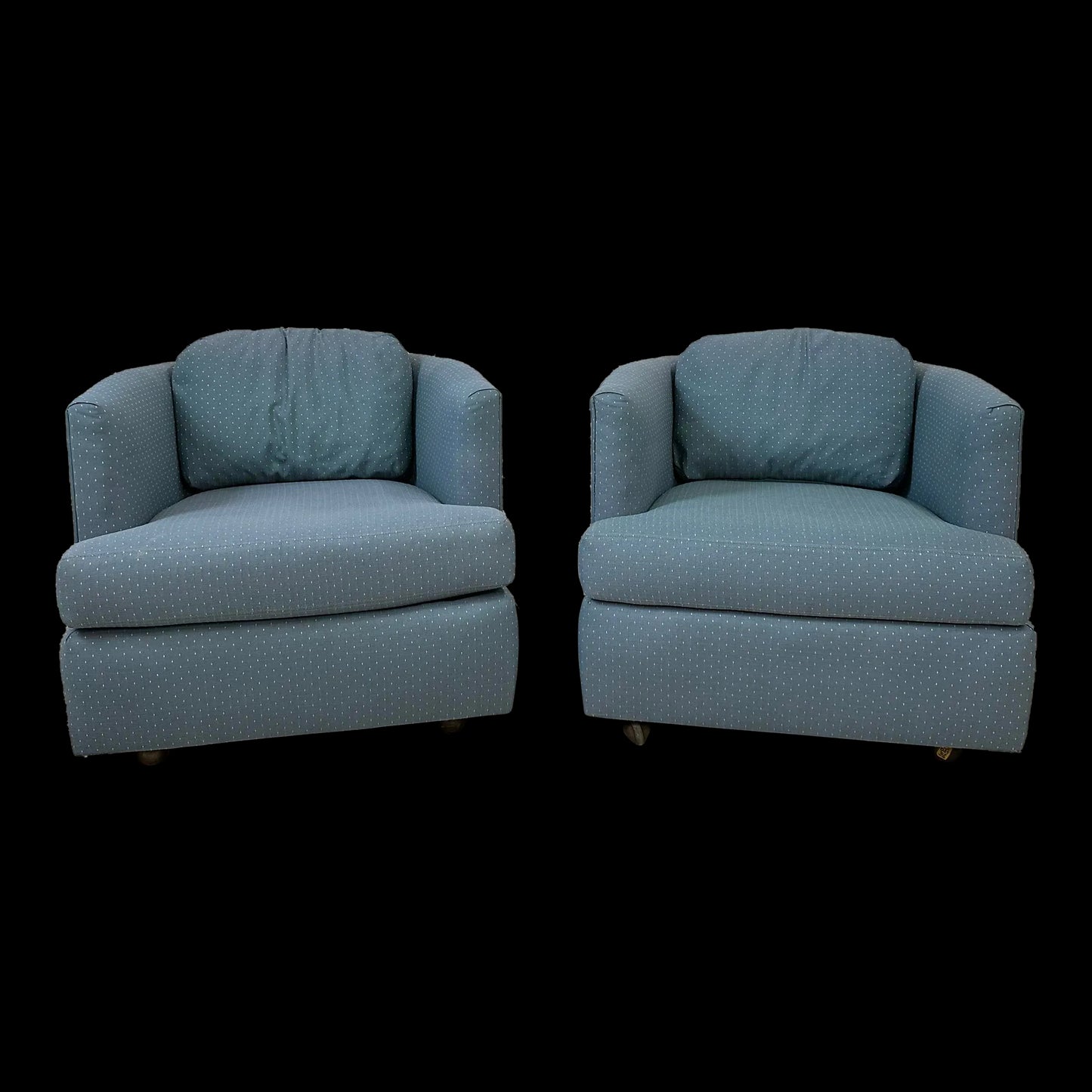 Pair of Drexel Blue Barrel Back Chairs on Casters