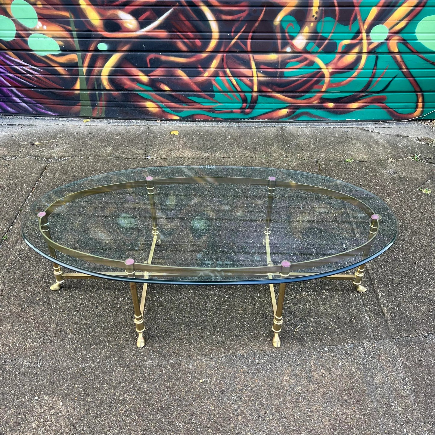 Large Racetrack Labarge Glass and Brass Oval Coffee Table