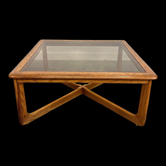 Mid Century Modern Lane Perception Smoked Glass Top and Oak Coffee Table